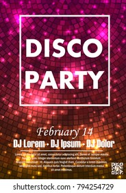 Disco night party vector poster template with shining golden spotlights background