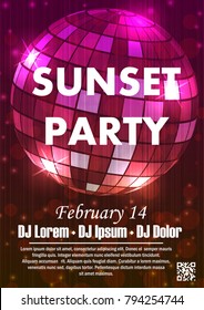 Disco night party vector poster template with shining golden spotlights background