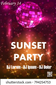 Disco night party vector poster template with shining golden spotlights background