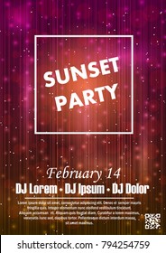 Disco night party vector poster template with shining golden spotlights background