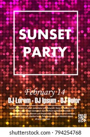 Disco night party vector poster template with shining golden spotlights background