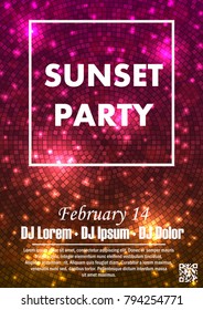 Disco night party vector poster template with shining golden spotlights background