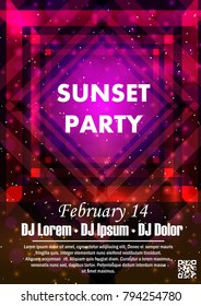 Disco night party vector poster template with shining golden spotlights background