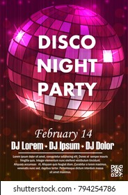 Disco night party vector poster template with shining golden spotlights background