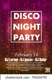 Disco night party vector poster template with shining golden spotlights background