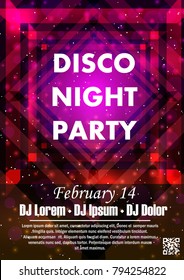 Disco night party vector poster template with shining golden spotlights background