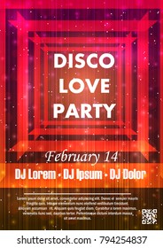 Disco night party vector poster template with shining golden spotlights background