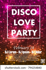 Disco night party vector poster template with shining golden spotlights background
