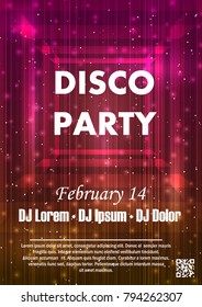 Disco night party vector poster template with shining golden spotlights background