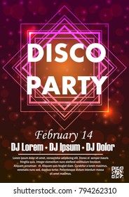 Disco night party vector poster template with shining golden spotlights background