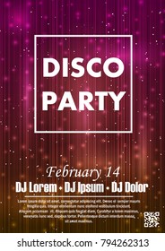 Disco night party vector poster template with shining golden spotlights background