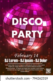 Disco night party vector poster template with shining golden spotlights background