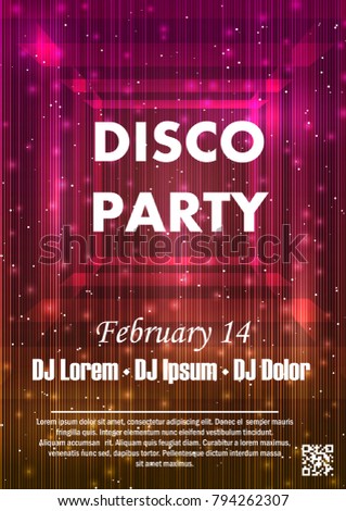 Disco night party vector poster template with shining golden spotlights background