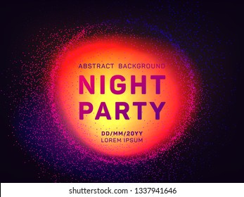 Disco night party vector template with flying particles background for music event flyers, banners and posters. Glowing particles dynamic glowing bubble frame vector illustration. Night party text