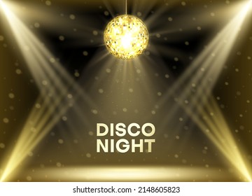 Disco night poster with realistic vintage mirror ball sphere and place for text vector illustration. Advertisement dance party advertising music DJ entertainment event neon golden show performance