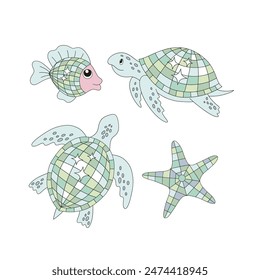 Disco ocean animal vector clip-art set isolated on white. Fish Turtle Sea star. Groovy underwater illustration.