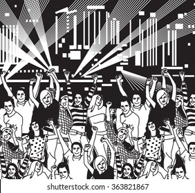Disco open air crowd young people dance black and white.  Monochrome vector illustration. EPS8