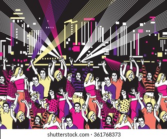 Disco open air party crowd young people dance color. Color vector illustration. EPS8