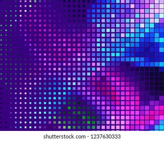 Disco panel. Bright dynamic background with squares. Geometrical figure of different scale neon color. Vector illustration
