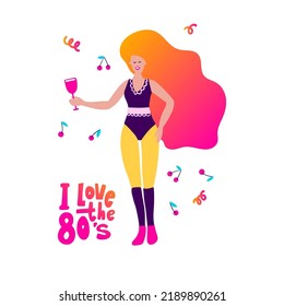 Disco Party 70s 80s. Woman Drink Coctail Retro Night Party Poster. Club Fashion