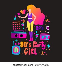 Disco Party 70s 80s. Woman Drink Cocktail Retro Night Party Poster. Club Boombox Radio Flyer