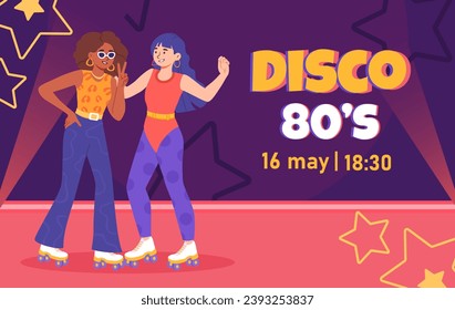 Disco party 80s poster. Invitation postcard. Two girls in old clothes at roller skates. Back to 1980s and 1990s. Graphic element for website. Event and holiday. Cartoon flat vector illustration
