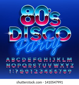 80’s Disco Party alphabet font. Letters and numbers. Stock vector typescript font for your design in retro 80s style.