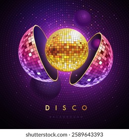 Disco party background with 3d glowing disco balls. Disco poster. Vector illustration