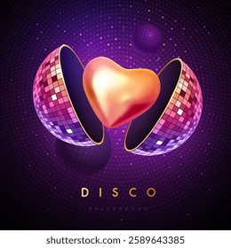 Disco party background with 3d open disco ball and love heart inside. Disco poster. Vector illustration