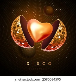 Disco party background with 3d open disco ball and love heart inside. Disco poster. Vector illustration