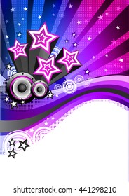 Disco Party background. Colorful halftone background. Abstract holiday vector background. Music background with speakers. Place for text. Vector illustration