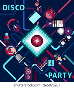 Disco party background with electronic music equipment and dj icons set vector illustration