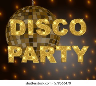 Disco party background with gold glitter text for poster or flyer