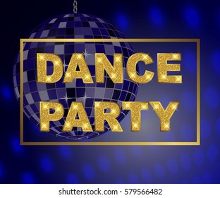 Disco party background with gold glitter text for poster or flyer