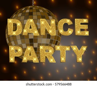 Disco party background with gold glitter text for poster or flyer