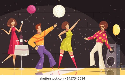 Disco party background with people dancing and drinking flat vector illustration