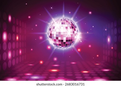 Disco party with disco ball background with shining spot light beams. Disco ball background. Vector illustration