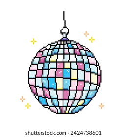 Disco party ball sphere. Pixel bit retro game styled vector illustration drawing. Simple flat cartoon drawing isolated on square white background.