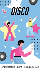 Disco party banner or card layout with bright colorful cartoon disco dancers, flat vector illustration on blue background. Retro music and dance party poster.