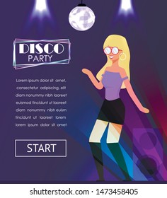 Disco Party Banner with Dancing Pretty Young Blond Woman in Casual Fashion Clothes. Discotheque in Night Club. Invitation Webpage. Presentation Landing Page. Flat Cartoon Vector Illustration