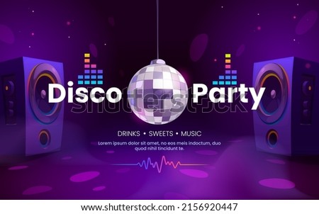 Disco party banner with light ball and speaker in night club. Vector landing page of music event, dance party with cartoon illustration of disco ball, purple invitation poster 商業照片 © 
