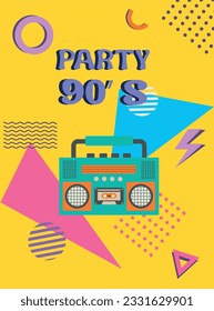 Disco party banner. Retro music poster, 90s radio and tape cassette player funky colorful design. Memphis music parties90s advertising audio poster vector illustration