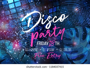 Disco party banner template with disco ball and sparkles or glitter , glow light effect. Vector illustration.