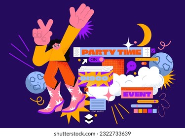 Disco party cartoon retro 90s frame tabs. Groovy characters. Memphis, funk, abstract geometric ui ux backgrounds in vibrant colors