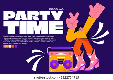 Disco party cartoon retro 90s girl character. Groovy music recorder. Hippie poster with typography