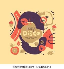 DISCO PARTY cartoon typography. Autumn theme. Decorative square border with abstract sketches. Stylized apples and stars. Scandinavian style poster typography design. 
