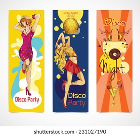 Disco party colored sketch vertical banners set with young sexy dancing girls isolated vector illustration