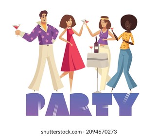Composición de una fiesta disco con texto y personajes de los partidos que llevan vestimenta de estilo disco vectorial ilustración
