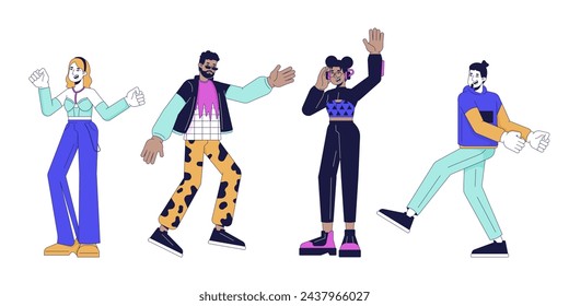 Conjunto de personajes de dibujos animados lineales 2D de grupo de bailarines de discoteca party. Clubbers en pista de baile línea aislada vector personas fondo blanco. Colección de ilustraciones de manchas planas en color para actividades nocturnas