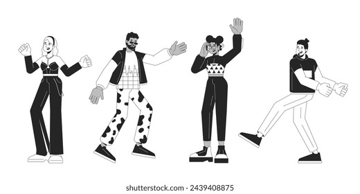 Disco party dancers group black and white 2D line cartoon characters set. Clubbers on dancefloor isolated vector outline people. Nightlife activities monochromatic flat spot illustrations collection